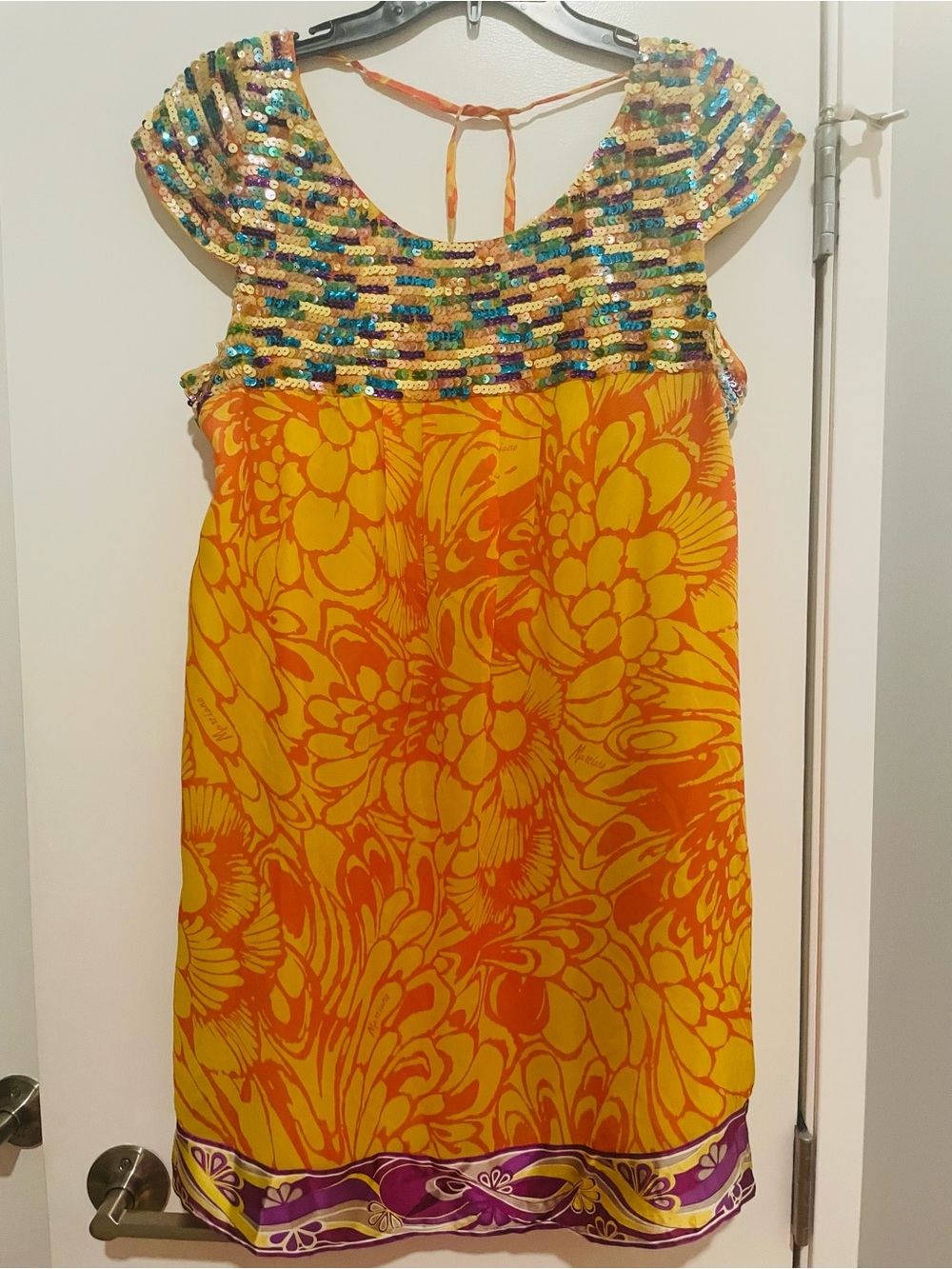 Marciano Yellow and Orange Floral Backless Sequin Yoke Dress